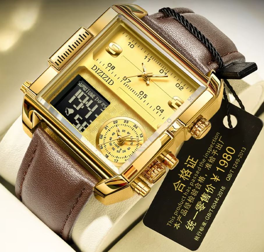 ⭐️⭐️⭐️⭐️⭐️ MONTRE DE LUXE ORIGINALE, bracelet en cuire de qualité supérieure, réveil lumineuse à grand cadran carré, doté de calendrier, trois cadrans, triple heure, affichage de la semaine, écologique, mouvement japonais Miyota