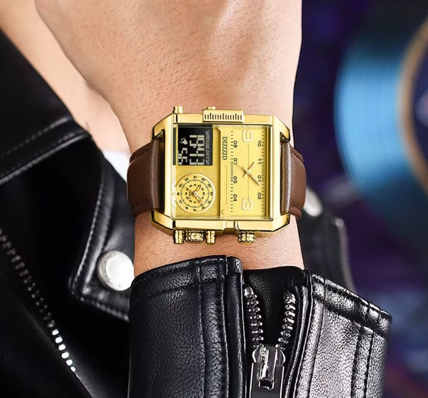 ⭐️⭐️⭐️⭐️⭐️ MONTRE DE LUXE ORIGINALE, bracelet en cuire de qualité supérieure, réveil lumineuse à grand cadran carré, doté de calendrier, trois cadrans, triple heure, affichage de la semaine, écologique, mouvement japonais Miyota