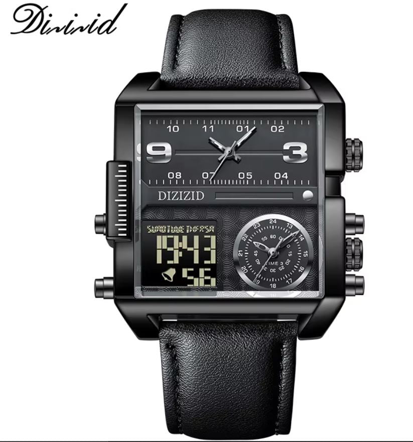⭐️⭐️⭐️⭐️⭐️ MONTRE DE LUXE ORIGINALE, bracelet en cuire de qualité supérieure, réveil lumineuse à grand cadran carré, doté de calendrier, trois cadrans, triple heure, affichage de la semaine, écologique, mouvement japonais Miyota
