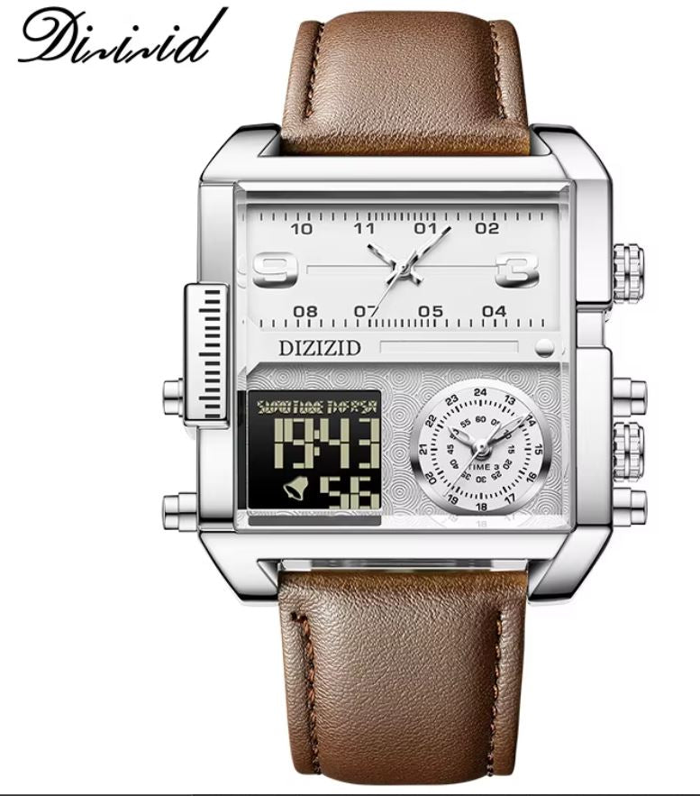 ⭐️⭐️⭐️⭐️⭐️ MONTRE DE LUXE ORIGINALE, bracelet en cuire de qualité supérieure, réveil lumineuse à grand cadran carré, doté de calendrier, trois cadrans, triple heure, affichage de la semaine, écologique, mouvement japonais Miyota