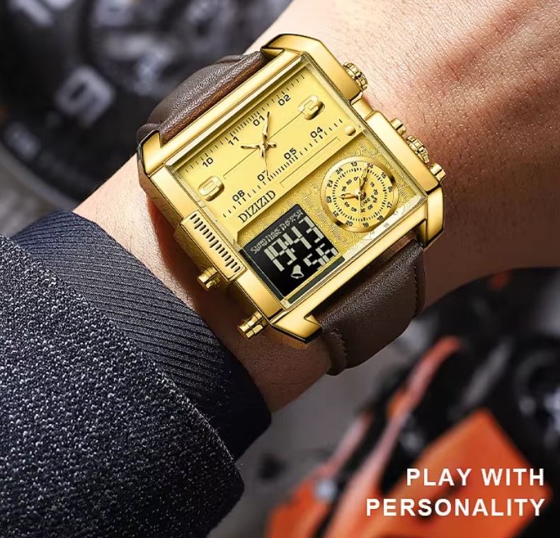 ⭐️⭐️⭐️⭐️⭐️ MONTRE DE LUXE ORIGINALE, bracelet en cuire de qualité supérieure, réveil lumineuse à grand cadran carré, doté de calendrier, trois cadrans, triple heure, affichage de la semaine, écologique, mouvement japonais Miyota