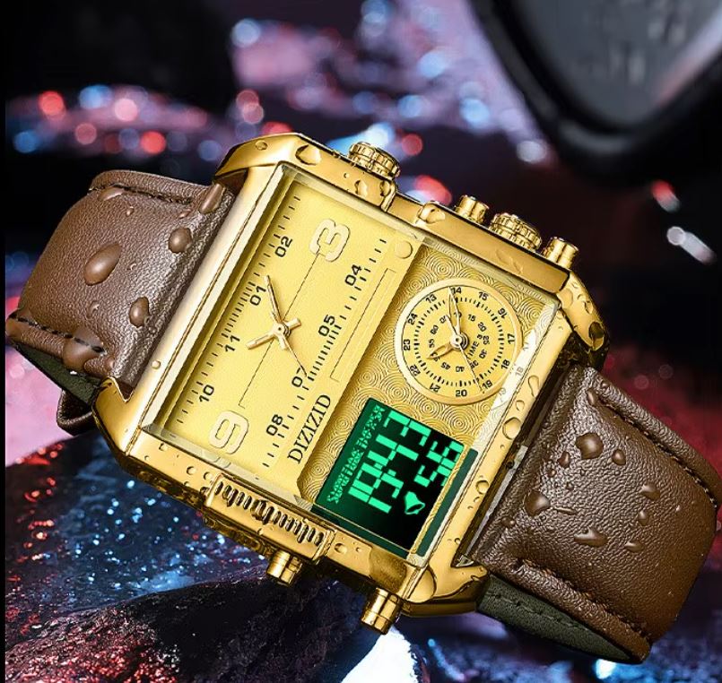 ⭐️⭐️⭐️⭐️⭐️ MONTRE DE LUXE ORIGINALE, bracelet en cuire de qualité supérieure, réveil lumineuse à grand cadran carré, doté de calendrier, trois cadrans, triple heure, affichage de la semaine, écologique, mouvement japonais Miyota