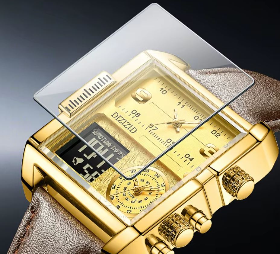 ⭐️⭐️⭐️⭐️⭐️ MONTRE DE LUXE ORIGINALE, bracelet en cuire de qualité supérieure, réveil lumineuse à grand cadran carré, doté de calendrier, trois cadrans, triple heure, affichage de la semaine, écologique, mouvement japonais Miyota