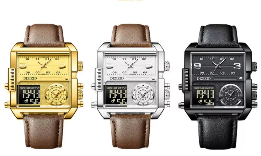 ⭐️⭐️⭐️⭐️⭐️ MONTRE DE LUXE ORIGINALE, bracelet en cuire de qualité supérieure, réveil lumineuse à grand cadran carré, doté de calendrier, trois cadrans, triple heure, affichage de la semaine, écologique, mouvement japonais Miyota