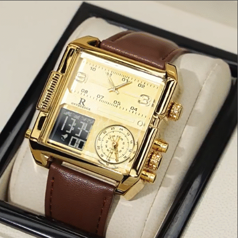 ⭐️⭐️⭐️⭐️⭐️ MONTRE DE LUXE ORIGINALE, bracelet en cuire de qualité supérieure, réveil lumineuse à grand cadran carré, doté de calendrier, trois cadrans, triple heure, affichage de la semaine, écologique, mouvement japonais Miyota