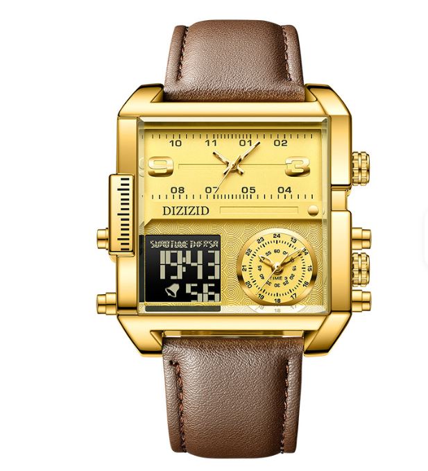 ⭐️⭐️⭐️⭐️⭐️ MONTRE DE LUXE ORIGINALE, bracelet en cuire de qualité supérieure, réveil lumineuse à grand cadran carré, doté de calendrier, trois cadrans, triple heure, affichage de la semaine, écologique, mouvement japonais Miyota